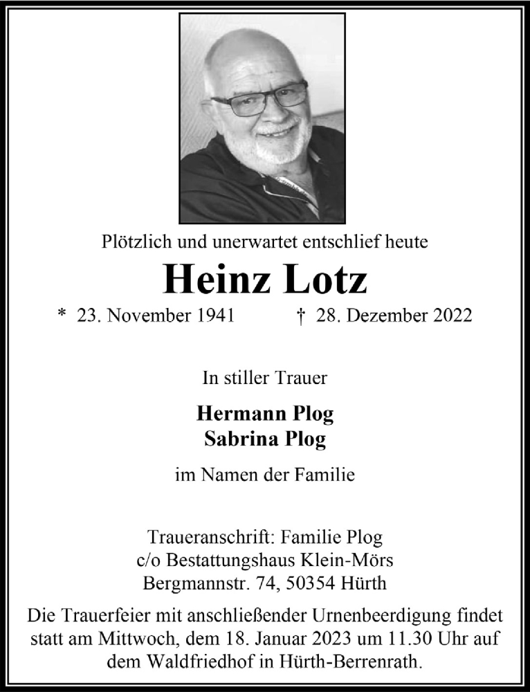  Traueranzeige für Heinz Lotz vom 13.01.2023 aus  Wochenende 