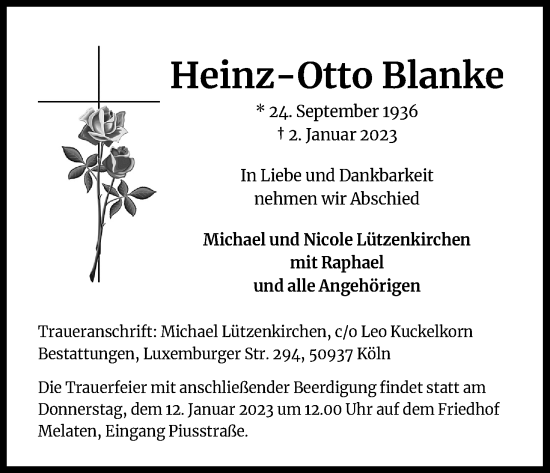 Anzeige von Heinz-Otto Blanke von Kölner Stadt-Anzeiger / Kölnische Rundschau / Express