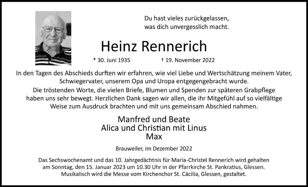  Traueranzeige für Heinz Rennerich vom 13.01.2023 aus  Wochenende  Werbepost 