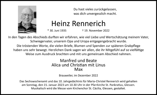 Anzeige von Heinz Rennerich von  Wochenende  Werbepost 