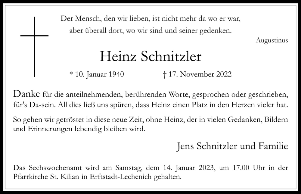  Traueranzeige für Heinz Schnitzler vom 06.01.2023 aus  Werbepost 
