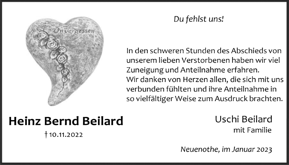  Traueranzeige für Heinz Bernd Beilard vom 20.01.2023 aus  Anzeigen Echo 