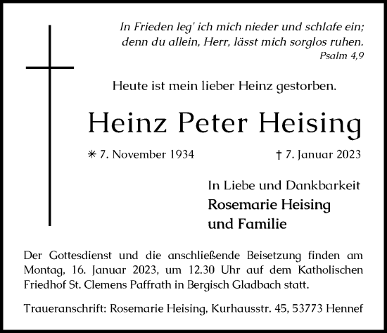 Anzeige von Heinz Peter Heising von Kölner Stadt-Anzeiger / Kölnische Rundschau / Express