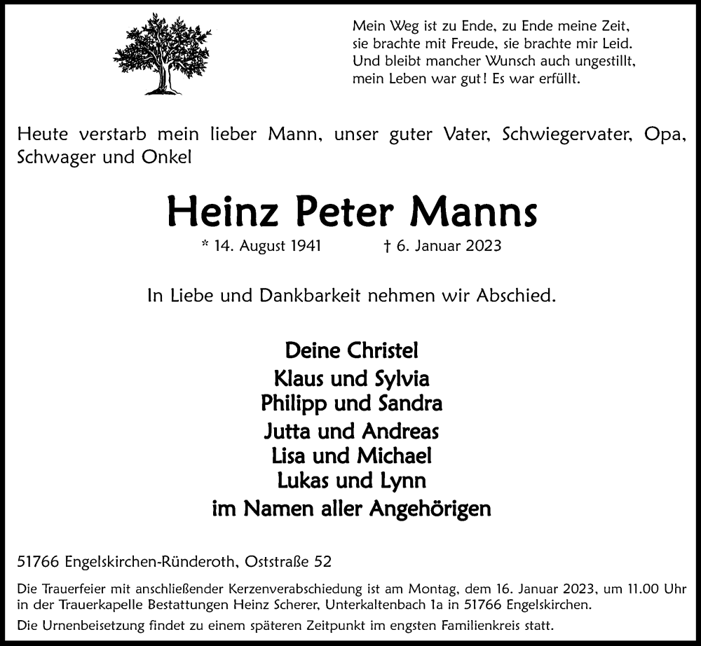  Traueranzeige für Heinz Peter Manns vom 11.01.2023 aus Kölner Stadt-Anzeiger / Kölnische Rundschau / Express