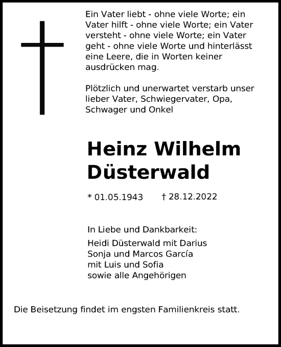 Anzeige von Heinz Wilhelm Düsterwald von Kölner Stadt-Anzeiger / Kölnische Rundschau / Express
