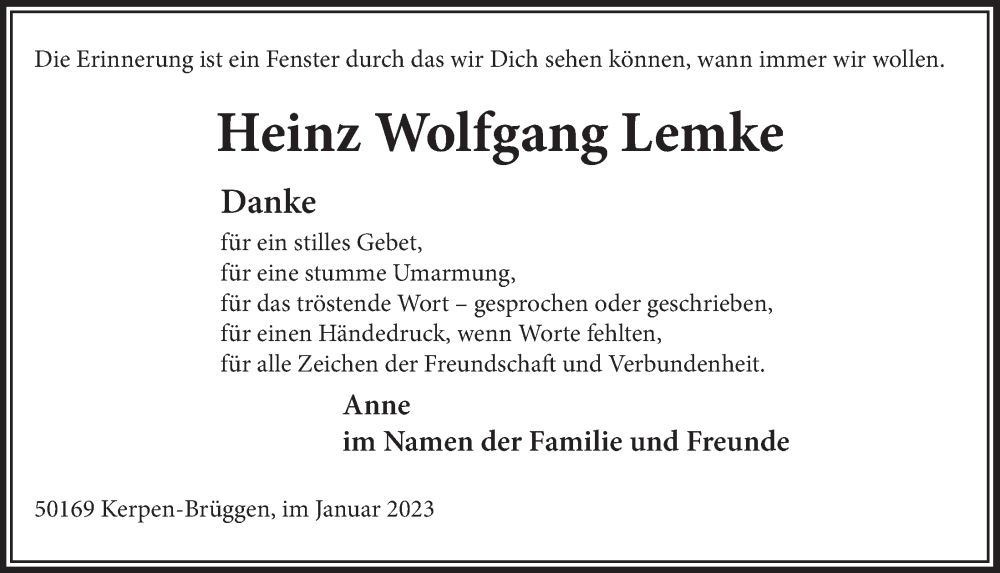  Traueranzeige für Heinz Wolfgang Lemke vom 13.01.2023 aus  Werbepost 