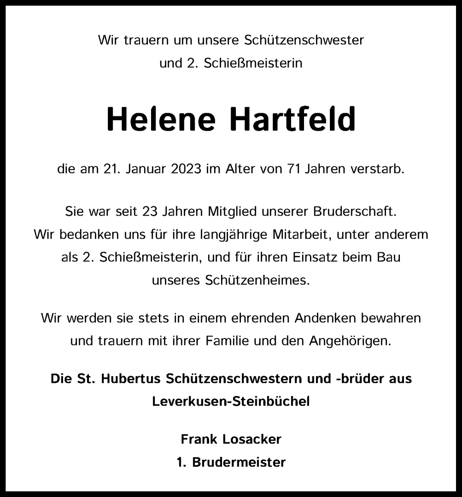  Traueranzeige für Helene Hartfeld vom 28.01.2023 aus Kölner Stadt-Anzeiger / Kölnische Rundschau / Express