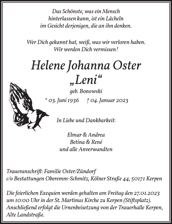 Anzeige von Helene Johanna Oster von  Werbepost 