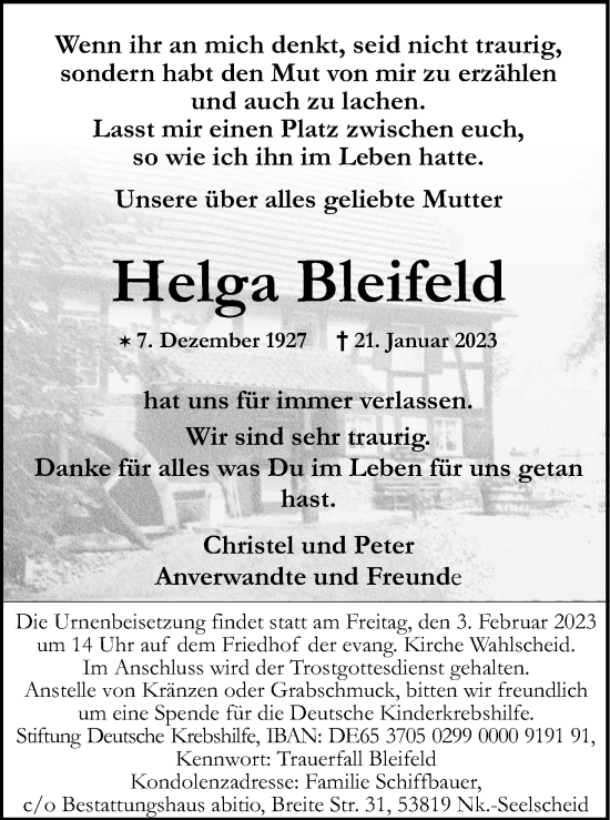 Anzeige von Helga Bleifeld von Kölner Stadt-Anzeiger / Kölnische Rundschau / Express