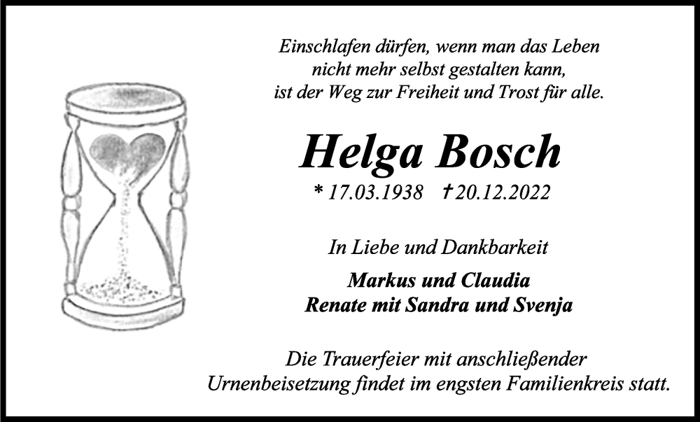  Traueranzeige für Helga Bosch vom 07.01.2023 aus Kölner Stadt-Anzeiger / Kölnische Rundschau / Express
