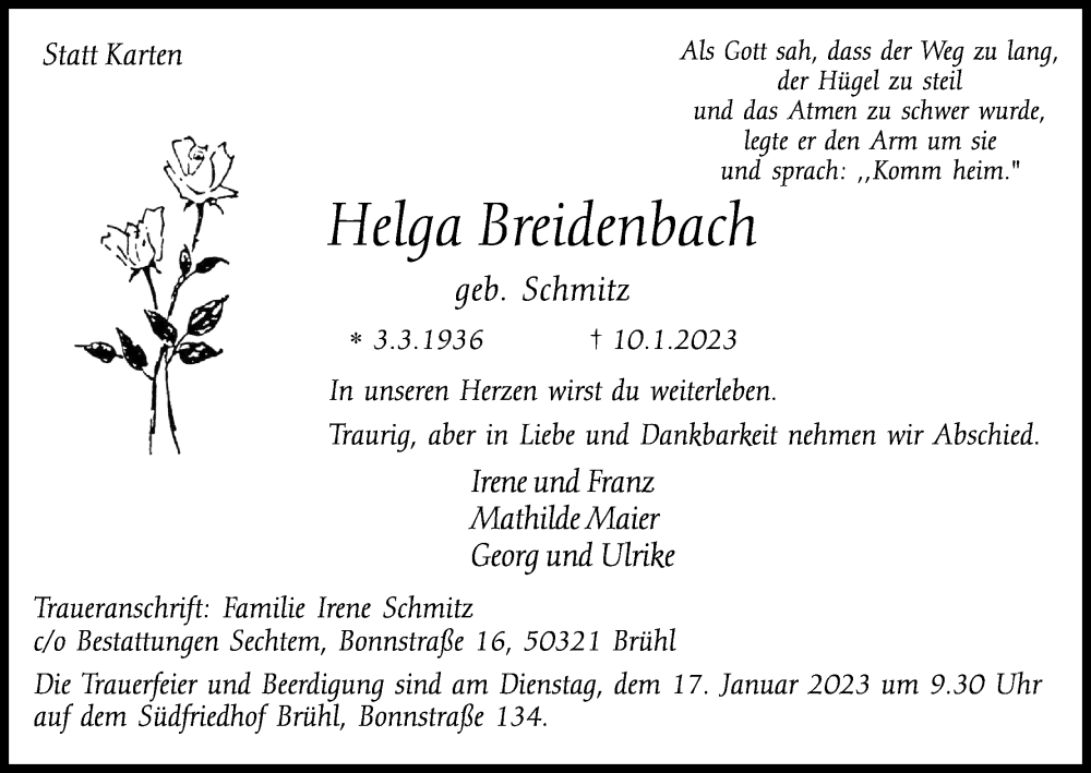  Traueranzeige für Helga Breidenbach vom 14.01.2023 aus Kölner Stadt-Anzeiger / Kölnische Rundschau / Express