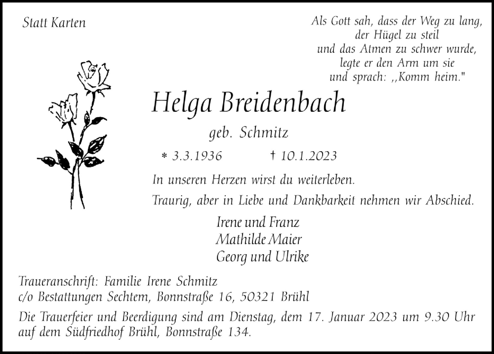  Traueranzeige für Helga Breidenbach vom 13.01.2023 aus  Schlossbote/Werbekurier 