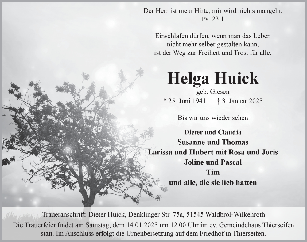  Traueranzeige für Helga Huick vom 13.01.2023 aus  Lokalanzeiger 
