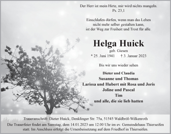 Anzeige von Helga Huick von  Lokalanzeiger 