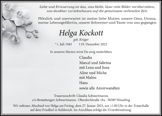 Anzeige von Helga Kockott von  Schlossbote/Werbekurier 