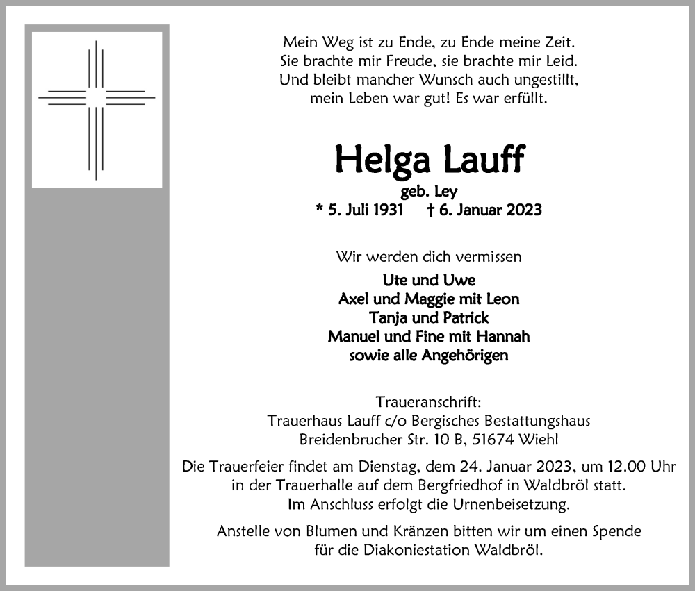  Traueranzeige für Helga Lauff vom 14.01.2023 aus Kölner Stadt-Anzeiger / Kölnische Rundschau / Express
