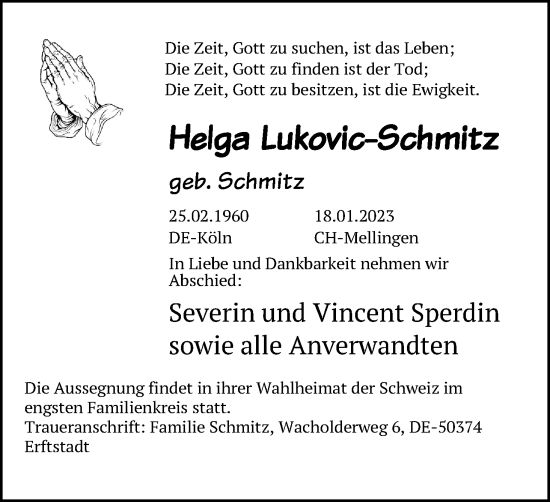 Anzeige von Helga Lukovic-Schmitz von Kölner Stadt-Anzeiger / Kölnische Rundschau / Express