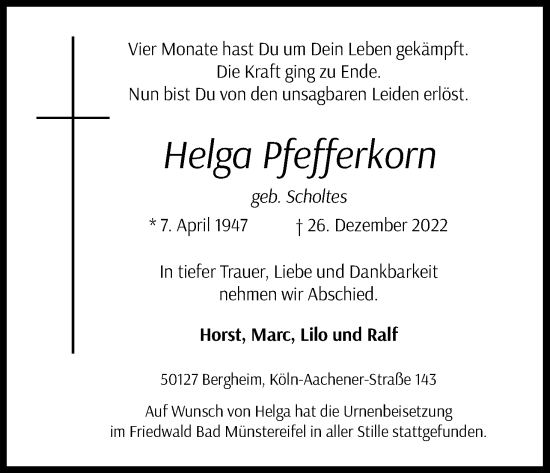 Anzeige von Helga Pfefferkorn von Kölner Stadt-Anzeiger / Kölnische Rundschau / Express