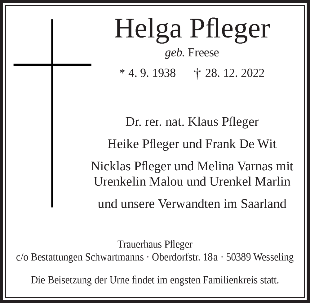  Traueranzeige für Helga Pfleger vom 13.01.2023 aus  Schlossbote/Werbekurier 