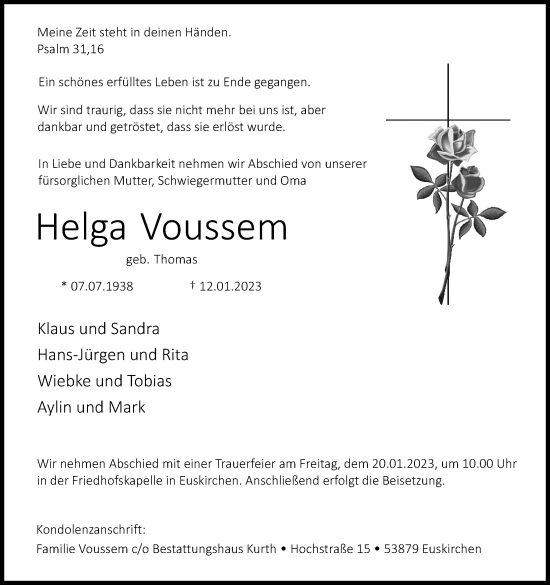 Anzeige von Helga Voussem von Kölner Stadt-Anzeiger / Kölnische Rundschau / Express
