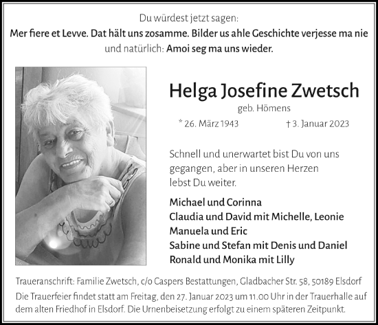 Anzeige von Helga Josefine Zwetsch von  Werbepost 
