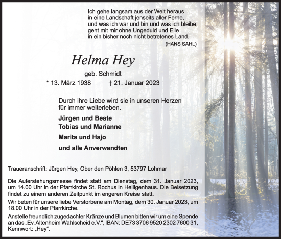 Anzeige von Helma Hey von Kölner Stadt-Anzeiger / Kölnische Rundschau / Express