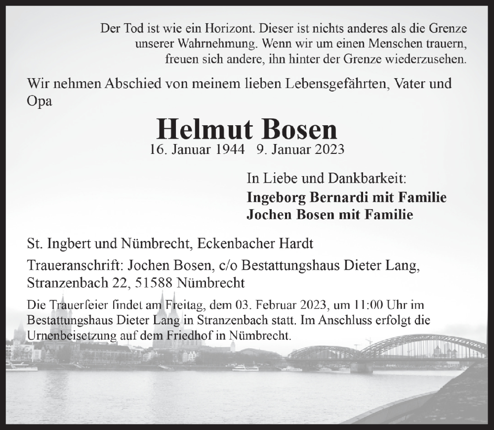  Traueranzeige für Helmut Bosen vom 27.01.2023 aus  Lokalanzeiger 