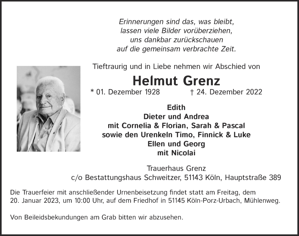  Traueranzeige für Helmut Grenz vom 13.01.2023 aus  EXPRESS - Die Woche 