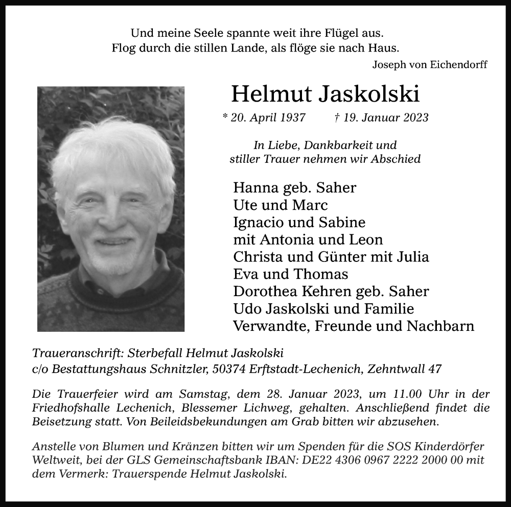  Traueranzeige für Helmut Jaskolski vom 25.01.2023 aus Kölner Stadt-Anzeiger / Kölnische Rundschau / Express