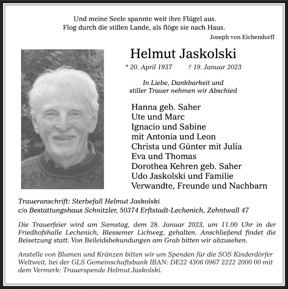  Traueranzeige für Helmut Jaskolski vom 27.01.2023 aus  Werbepost 