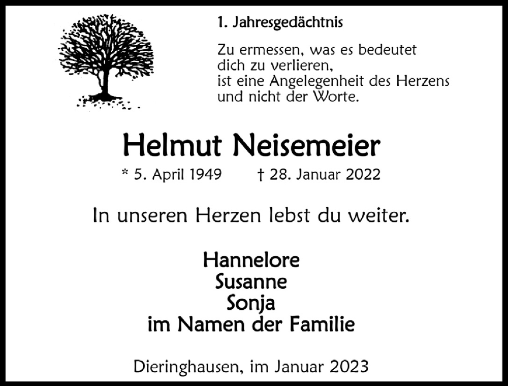  Traueranzeige für Helmut Neisemeyer vom 27.01.2023 aus  Anzeigen Echo 