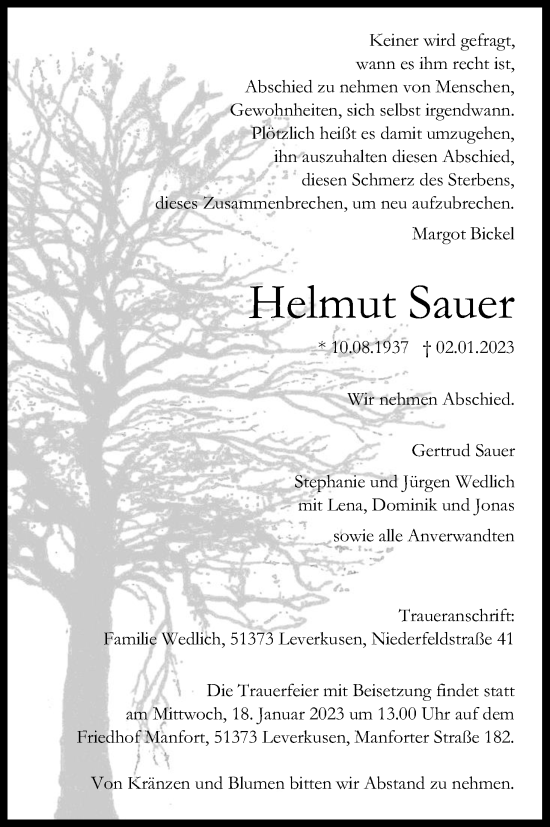 Anzeige von Helmut Sauer von Kölner Stadt-Anzeiger / Kölnische Rundschau / Express