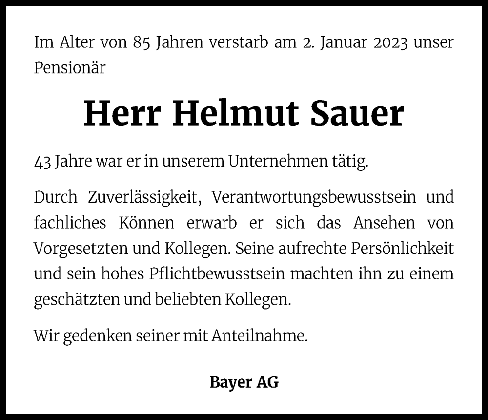  Traueranzeige für Helmut Sauer vom 14.01.2023 aus Kölner Stadt-Anzeiger / Kölnische Rundschau / Express