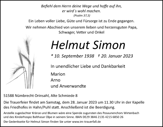 Anzeige von Helmut Simon von Kölner Stadt-Anzeiger / Kölnische Rundschau / Express