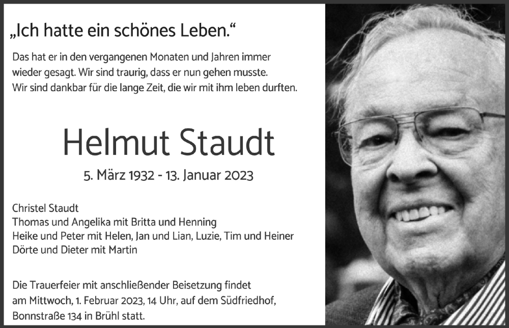  Traueranzeige für Helmut Staudt vom 27.01.2023 aus  Schlossbote/Werbekurier 