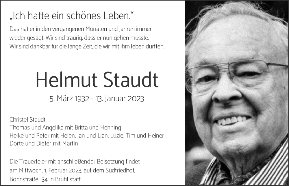  Traueranzeige für Helmut Staudt vom 21.01.2023 aus Kölner Stadt-Anzeiger / Kölnische Rundschau / Express