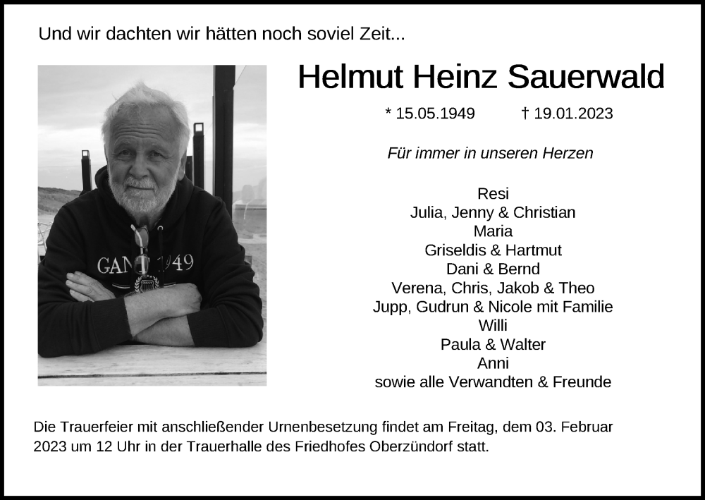  Traueranzeige für Helmut Heinz Sauerwald vom 28.01.2023 aus Kölner Stadt-Anzeiger / Kölnische Rundschau / Express