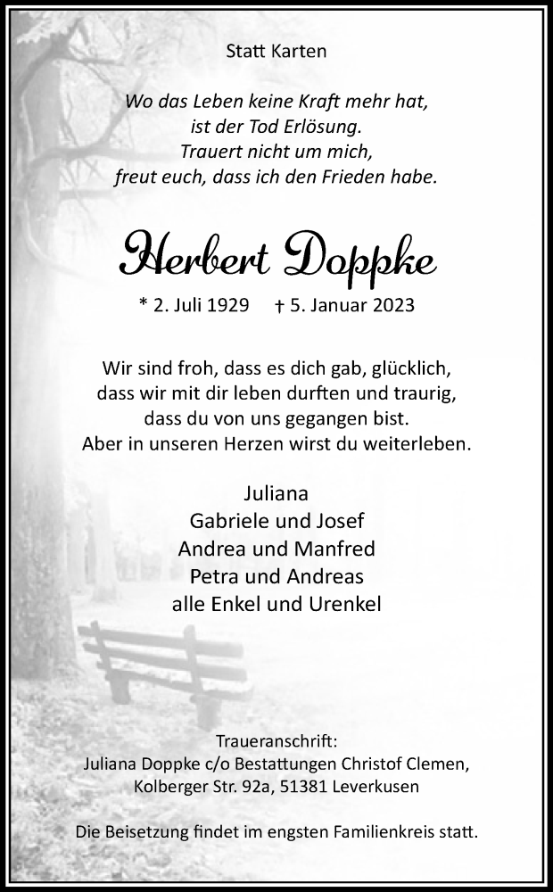 Traueranzeige für Herbert Doppke vom 14.01.2023 aus Kölner Stadt-Anzeiger / Kölnische Rundschau / Express