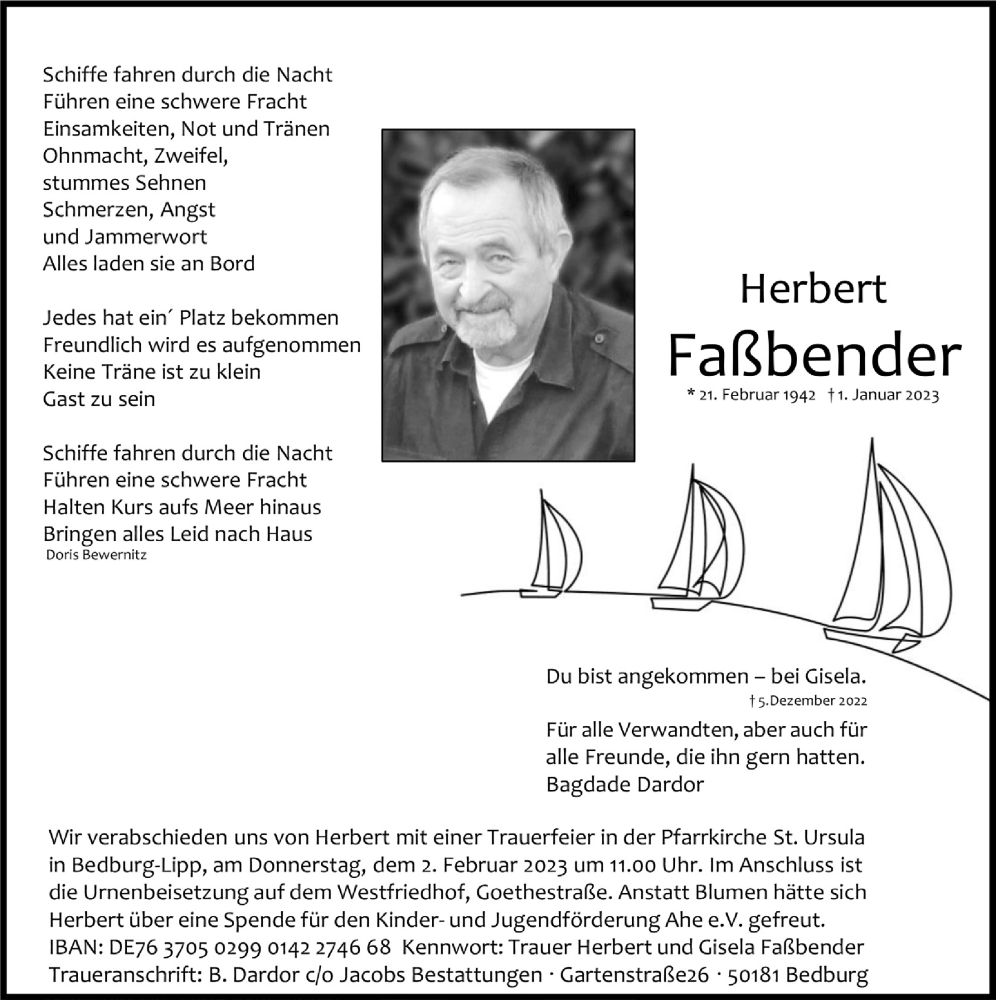  Traueranzeige für Herbert Faßbender vom 20.01.2023 aus  Werbepost 