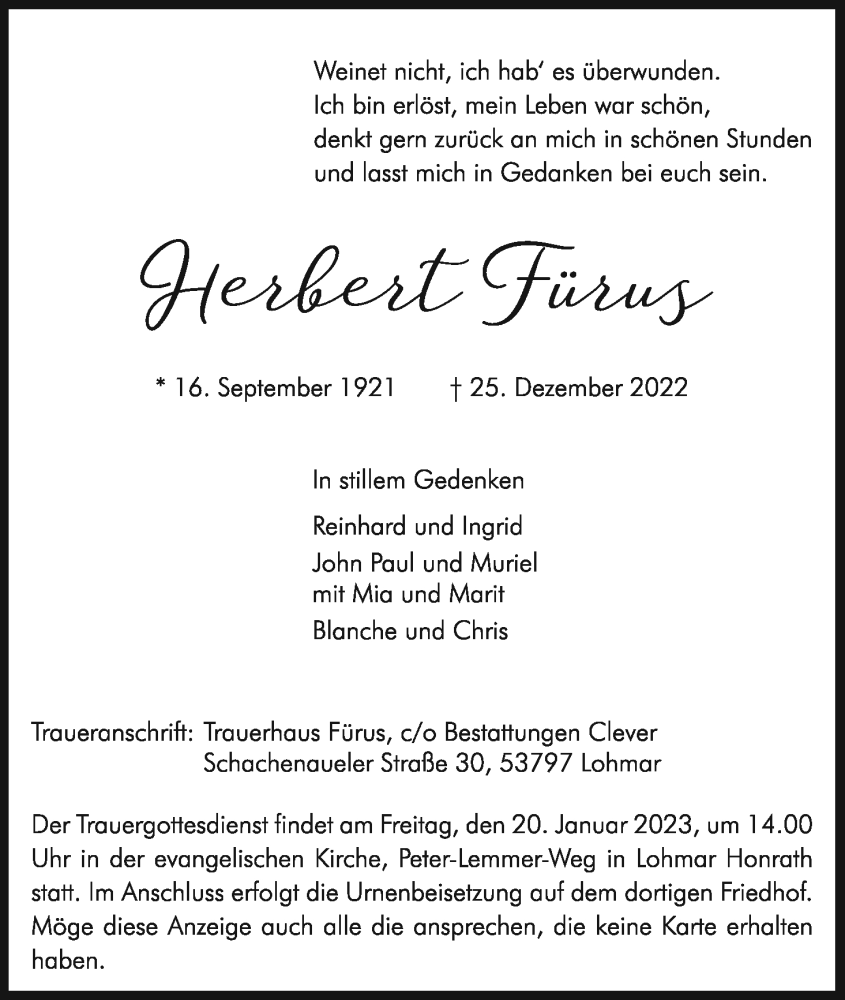 Traueranzeige für Herbert Fürus vom 14.01.2023 aus Kölner Stadt-Anzeiger / Kölnische Rundschau / Express