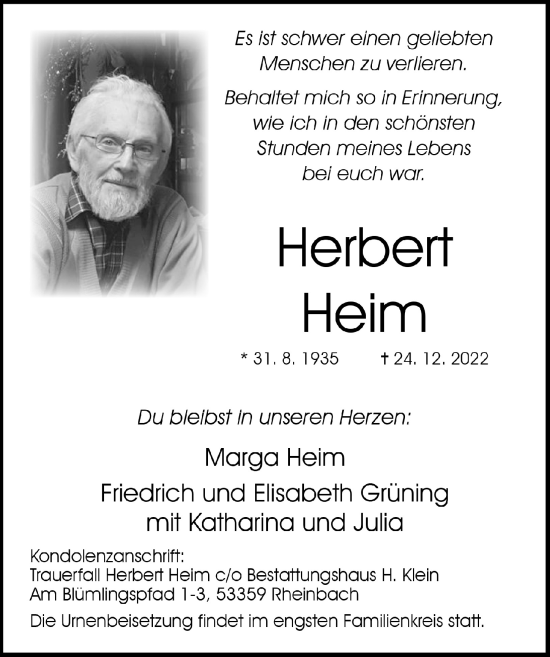Anzeige von Herbert Heim von  Schaufenster/Blickpunkt 