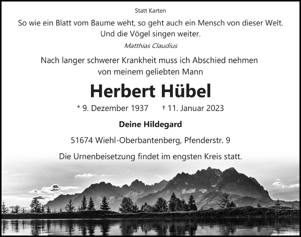  Traueranzeige für Herbert Hübel vom 20.01.2023 aus  Anzeigen Echo 