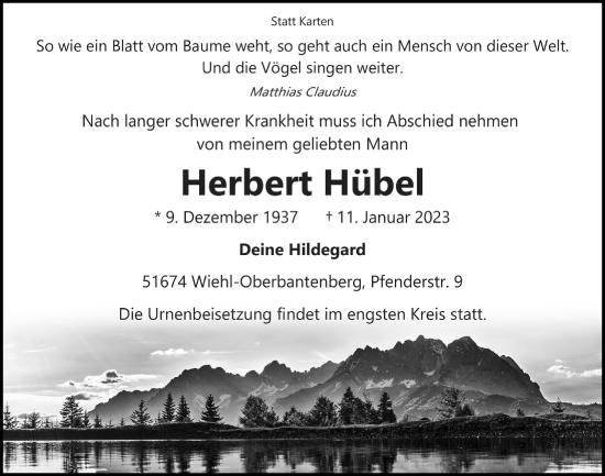 Anzeige von Herbert Hübel von  Anzeigen Echo 