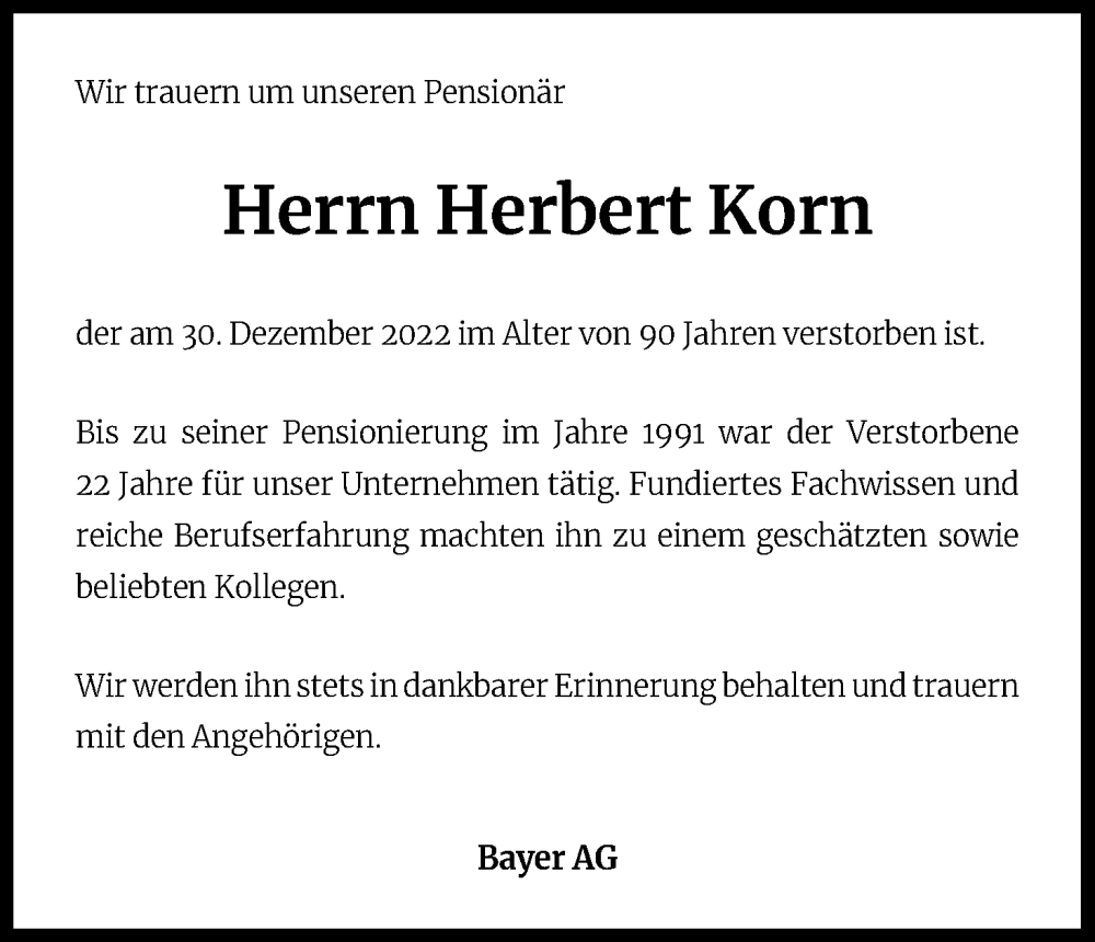  Traueranzeige für Herbert Korn vom 10.01.2023 aus Kölner Stadt-Anzeiger / Kölnische Rundschau / Express