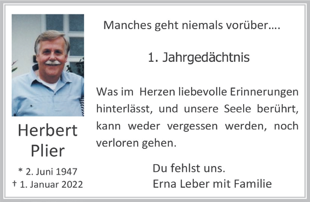  Traueranzeige für Herbert Plier vom 06.01.2023 aus  Schaufenster/Blickpunkt 