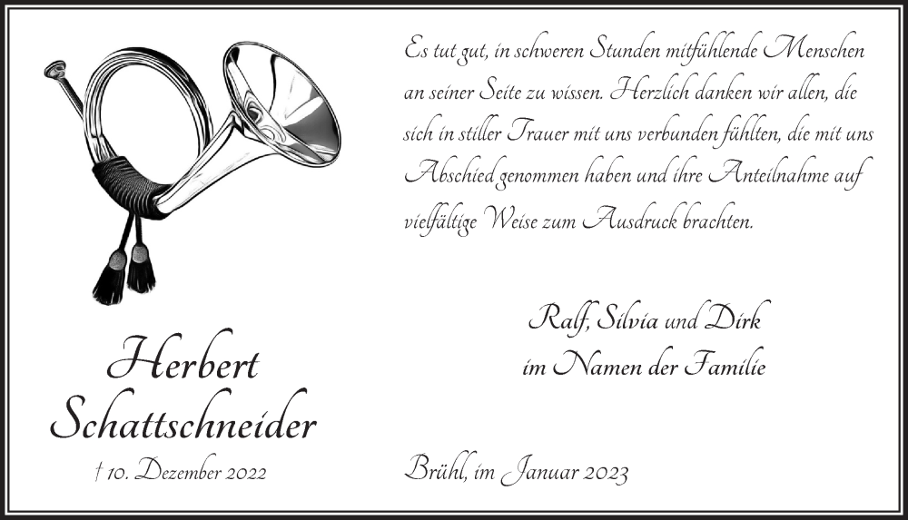 Traueranzeige für Herbert Schattschneider vom 13.01.2023 aus  Schlossbote/Werbekurier 