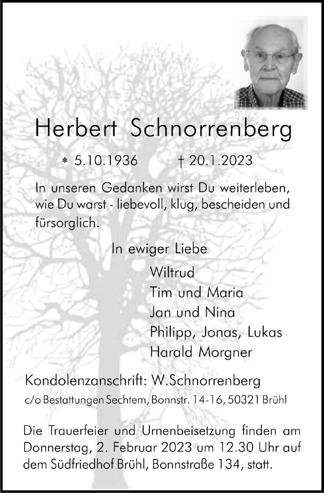  Traueranzeige für Herbert Schnorrenberg vom 27.01.2023 aus  Schlossbote/Werbekurier 