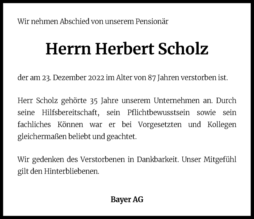 Traueranzeige für Herbert Scholz vom 12.01.2023 aus Kölner Stadt-Anzeiger / Kölnische Rundschau / Express