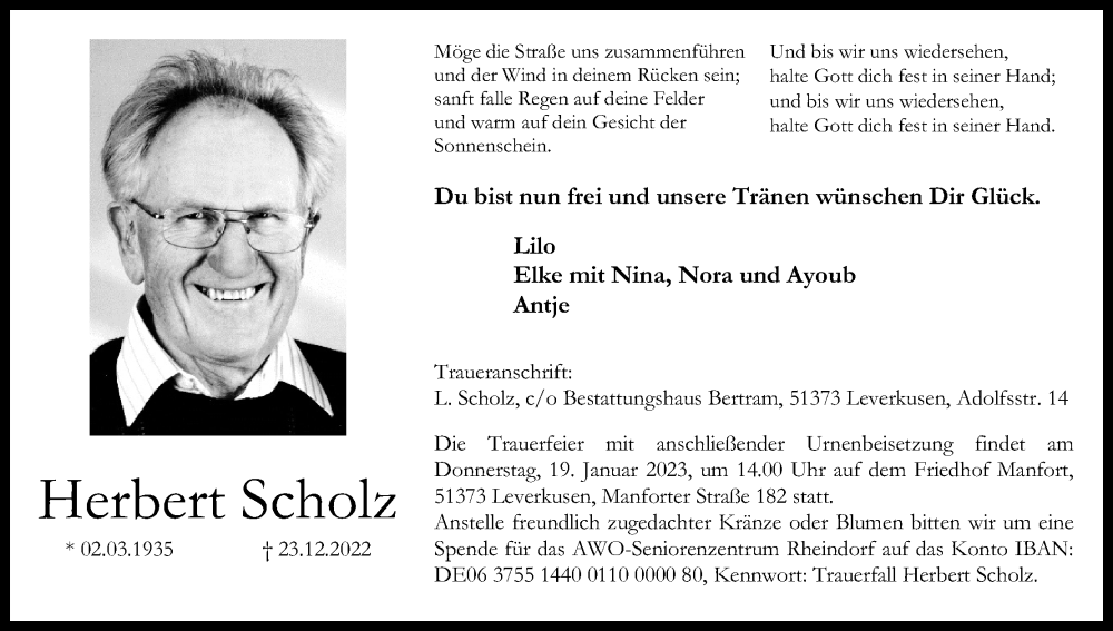  Traueranzeige für Herbert Scholz vom 07.01.2023 aus Kölner Stadt-Anzeiger / Kölnische Rundschau / Express