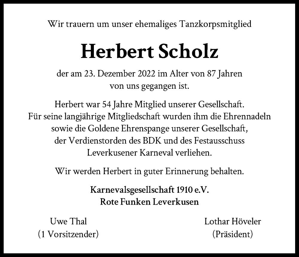  Traueranzeige für Herbert Scholz vom 14.01.2023 aus Kölner Stadt-Anzeiger / Kölnische Rundschau / Express